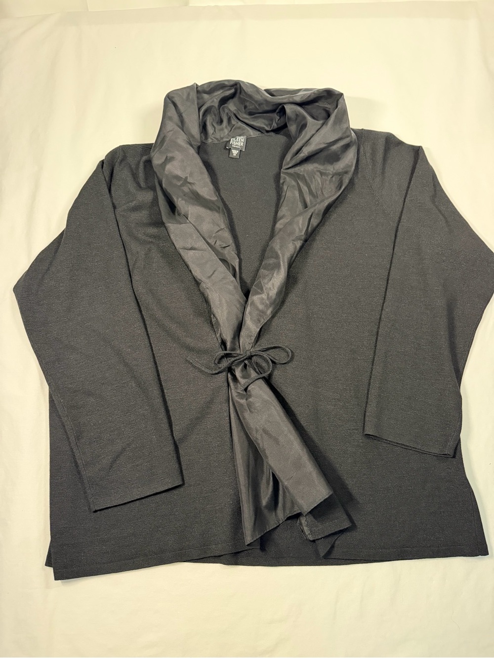 Eileen Fisher Silk 1X Black Shawl-Collar Tie-Front Sweater Shawl Jacket